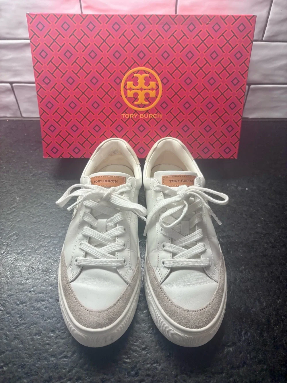 Tory Burch White Leather Bari Nappa Sneakers - Size 8